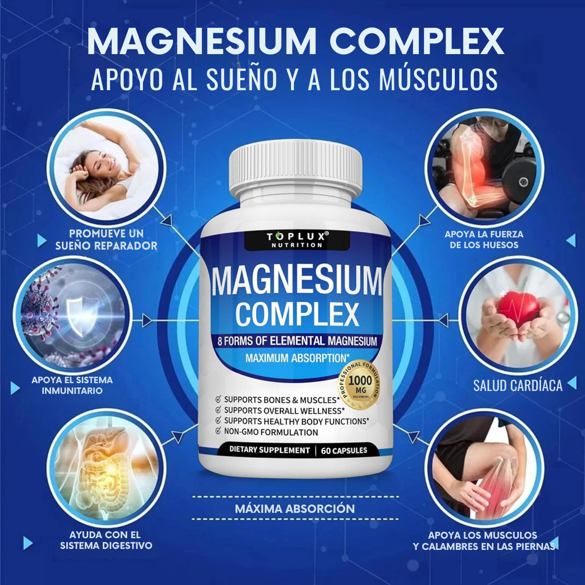 MAGNESIUM COMPLEX, EL MAS COMPLETO, NO MAS STRESS, NO MAS CANSANCIO, NO MAS CALAMBRES